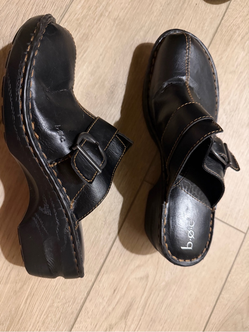 b.o.c. Black Leather Buckle Slip-On Clogs